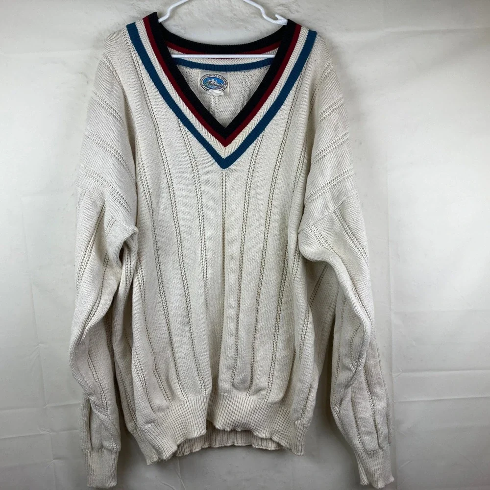 Vintage V-Neck Tennis Sweater Mens 3XL Cream‎ USA Cable Knit Striped Preppy
